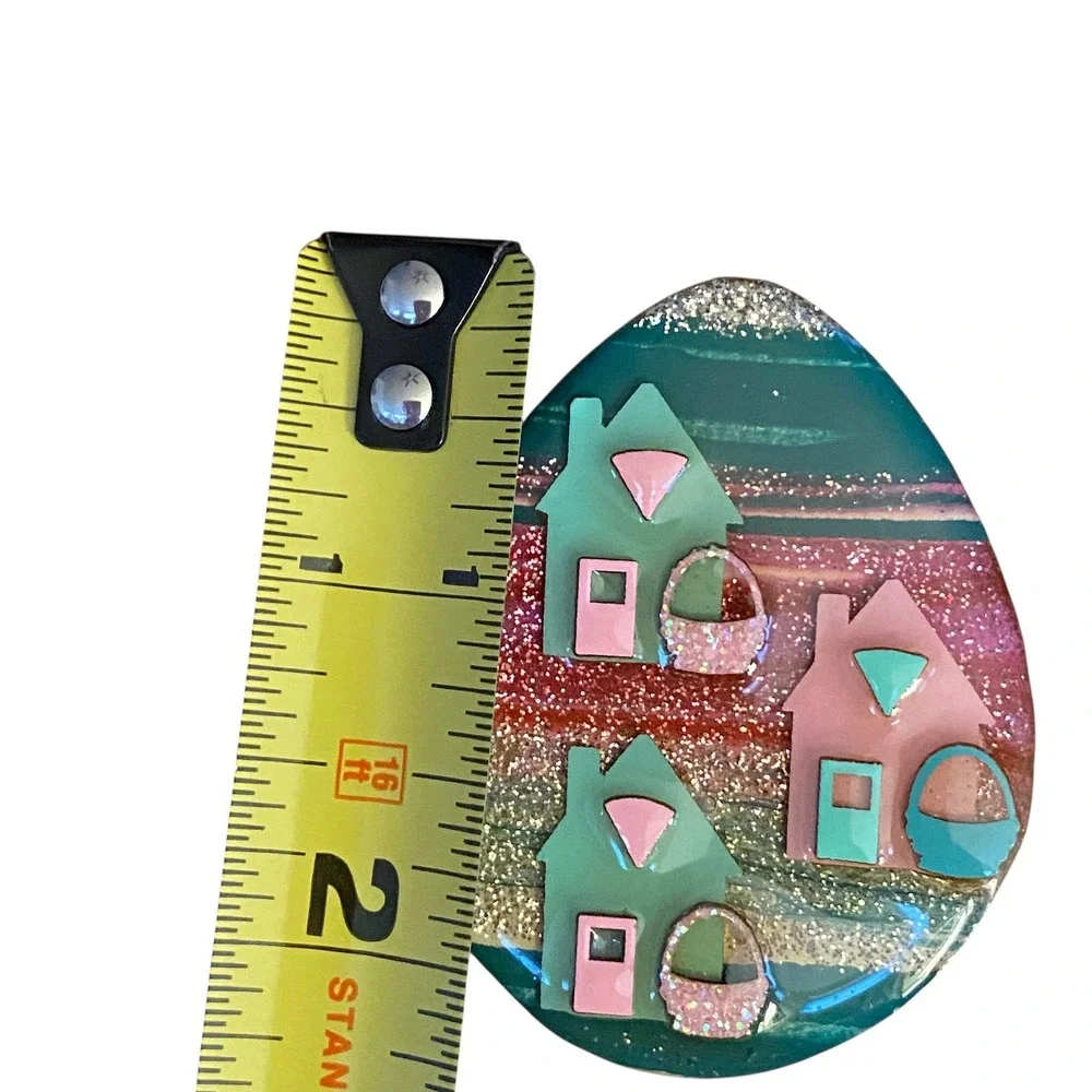 Vintage Easter Egg House Pin Lucinda Rainbow Glitter Village Egg Basket Brooch‎